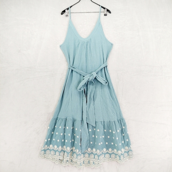 NEW SECRET MISSION Double Cotton Anita Embroidered Midi Dress Dusty Blue - Picture 2 of 9